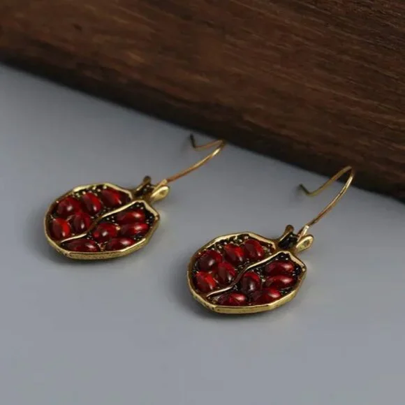 NEW Persephone Garnet Red and 14K Gold Plated Pomegranate Fruit Drop Earrings - Picture 2 of 5